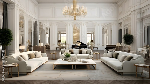 Elegant cream sofas grace a grand, sunlit palace ballroom, creating a luxurious and serene atmosphere with soft lighting and a subtly blurred background.