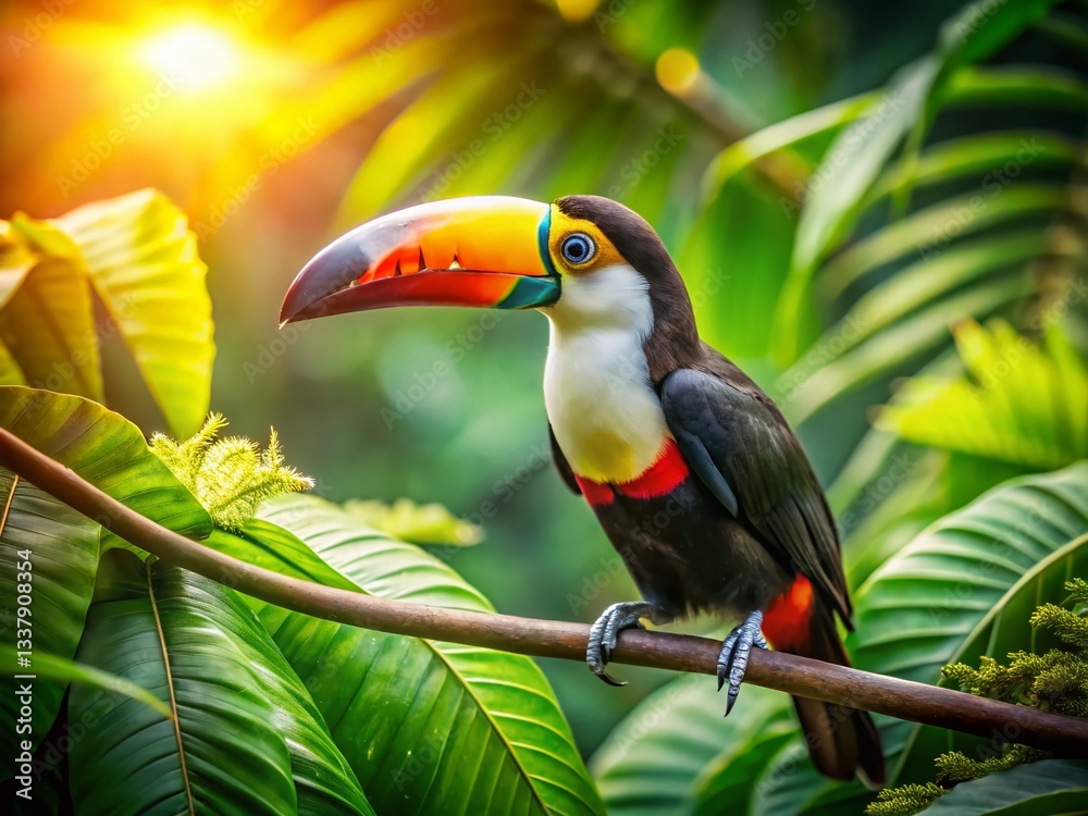 Fototapeta premium Vibrant Toucan Macro: Lush Tropical Rainforest Bird Close-Up