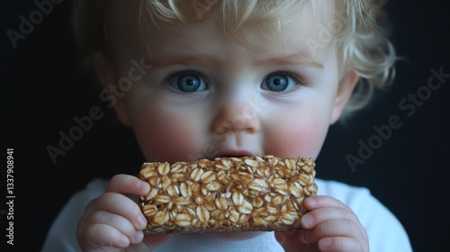 A fair-haired toddler with vivid blue eyes, donning a blue shirt, enjoys a big bite of a chocolate cookie, looking innocently at the camera photo