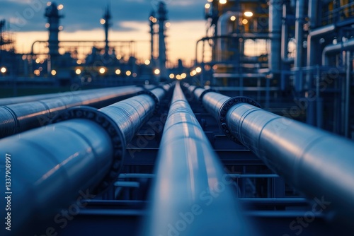 Intricate close-up of pipelines and pipe racks used in petroleum, chemical, and hydrogen industries