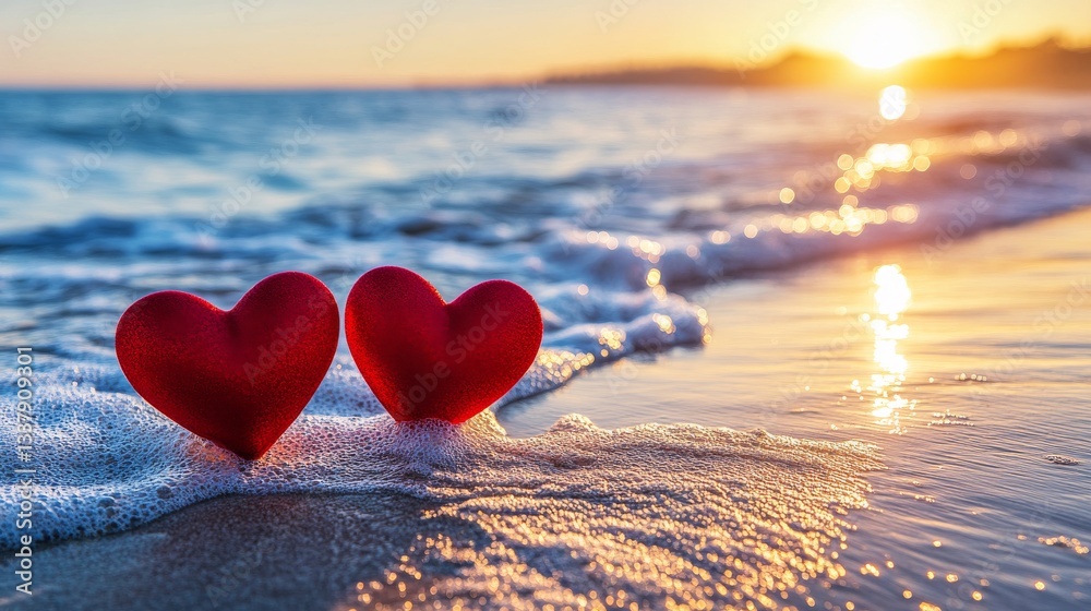 Fototapeta premium A romantic Valentine's Day scene featuring two red hearts on sparkling snow at sunset, complete with bokeh lights and a blurred winter background, perfect for greeting cards and designs