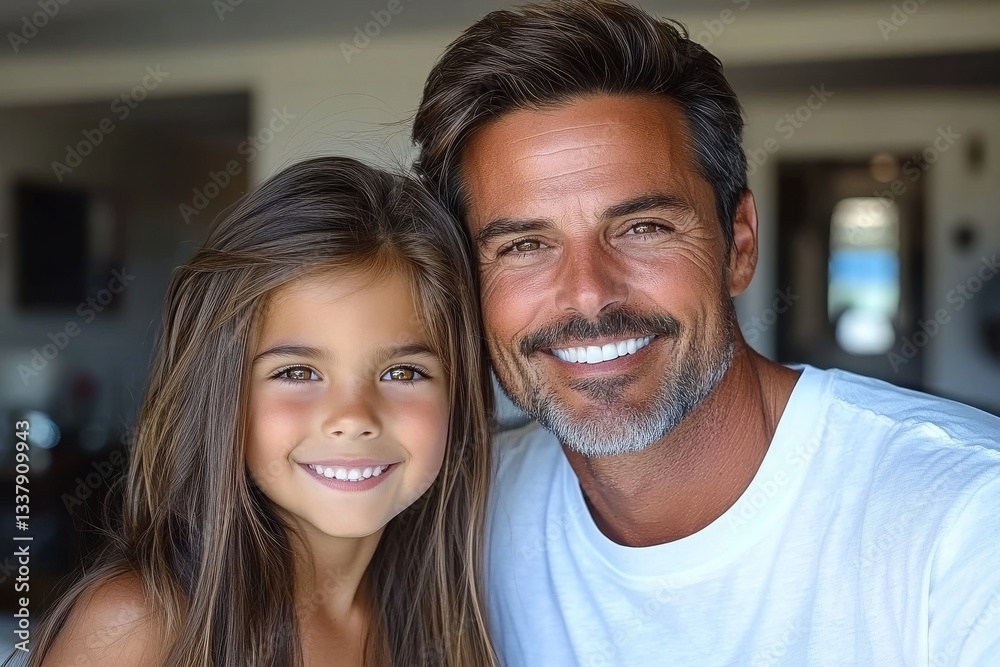 A heartwarming portrait of a Caucasian father and his young daughter smiling in their home, radiating happiness and family togetherness in a modern, well-lit interior adorned with plants A heartwarming portrait of a Caucasian father and his young daughter smiling in their home, radiating happiness and family togetherness in a modern, well-lit interior adorned with plants