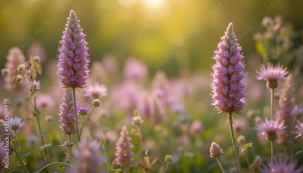 Obraz premium Beautiful Blooming Flax Flowers in a Dreamy Summer Landscape with Copy Space