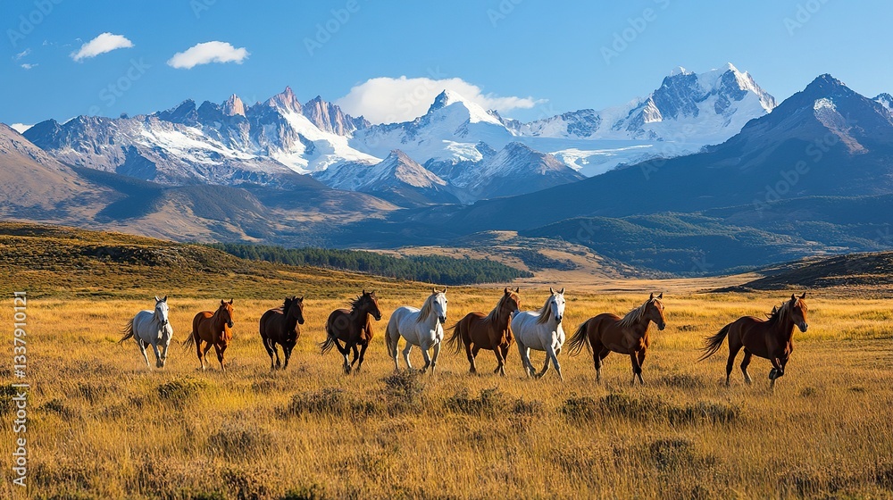 Obraz premium View of beautiful horses riding free across the valley with mountain range in background