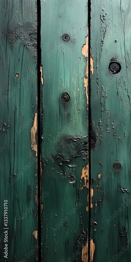 Textured green wooden surface with faded paint and natural wood grain, showcasing rustic charm, weathered patterns, and an aged wooden background