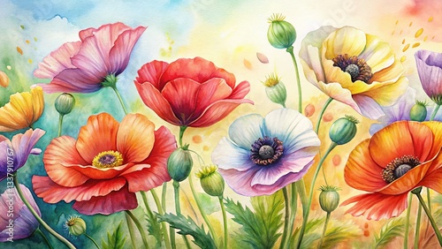 Vibrant Watercolor Poppy Flowers, Hand-Drawn Floral Art, Spring Botanical Illustration, Colorful Poppy Bouquet