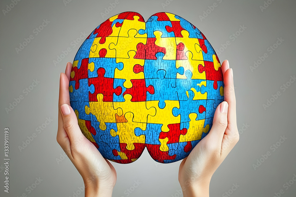 Human hands holding a puzzle brain, symbol of autism awareness