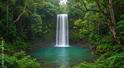 Majestic forest waterfall surrounded by lush greenery and flowing stream