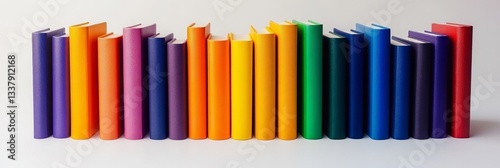 Wallpaper Mural Colorful book spines arranged in a rainbow spectrum on a shelf create a minimalist linear pattern against a dark background, reflecting a modern library design Torontodigital.ca