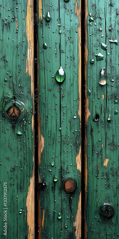 Fototapeta premium Green wooden surface with visible natural grain and textured patterns, featuring rustic aged wood with a weathered appearance and subtle distressed details