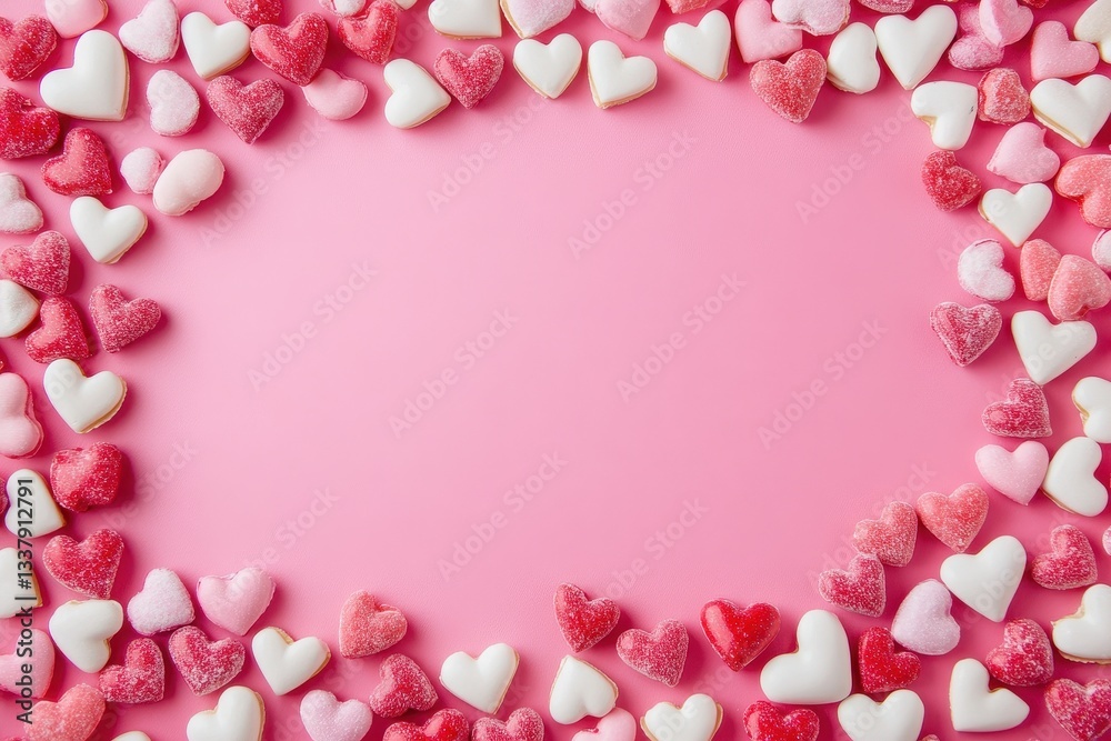 Fototapeta premium Valentines Day border made of heart candies on a pink background, perfect for a romantic setting
