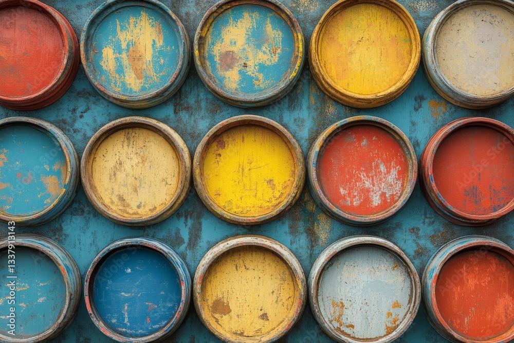 A lively collection of open paint cans displaying a diverse spectrum of colors, representing creativity, art, and design. Ideal for themes involving painting, interior design, and artistic endeavors
