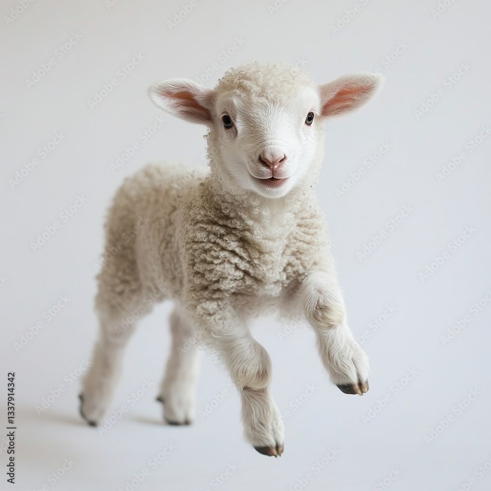 Fototapeta premium A baby lamb hopping playfully, frozen motion, soft even lighting, full-body shot, white backdrop. 