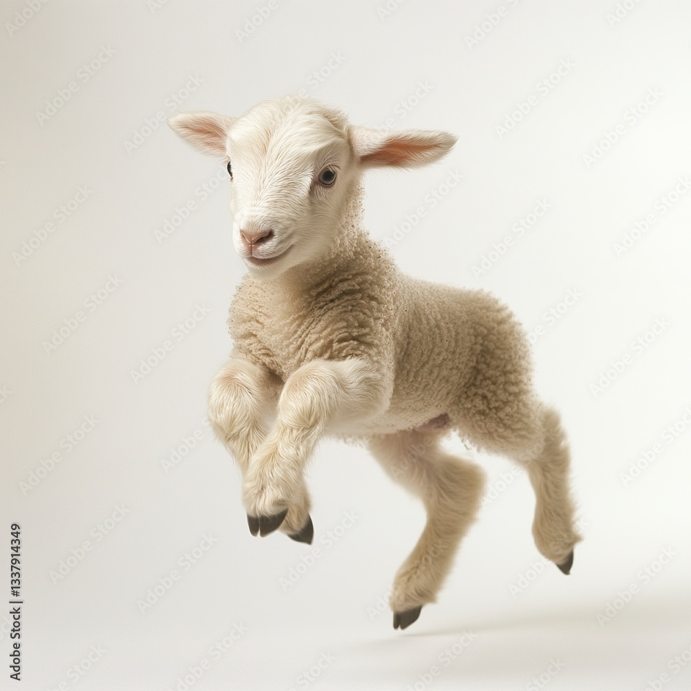Fototapeta premium A baby lamb hopping playfully, frozen motion, soft even lighting, full-body shot, white backdrop. 