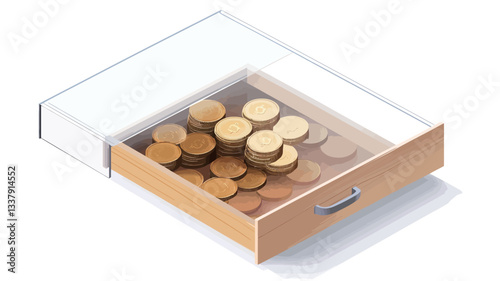 Isometric illustration of a light brown wooden drawer with a partially transparent plastic cover. The drawer is open, revealing a pile of numerous gold-colored coins inside.  The image is rendered