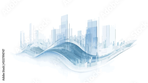 The image is a digital illustration depicting an abstract cityscape. The skyline is rendered in shades of light blue, with buildings represented by vertical lines of varying heights.  A stylized,