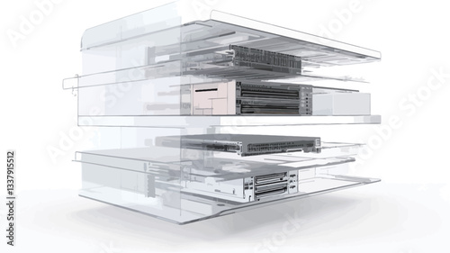 The image shows a digitally rendered close-up of several transparent, rectangular storage containers stacked on top of each other. The containers are partially filled with indistinct, dark-colored