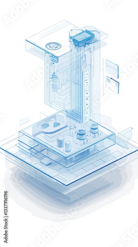 The image is a digital rendering of an isometric view of an abstract building or technological structure.  It's primarily composed of light blue lines and shapes, creating a wireframe-like effect.