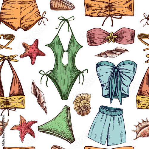 hand drawn colored seamless pattern with beachwear and seashells in vintage style