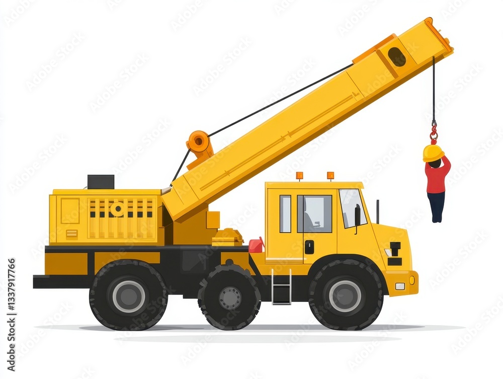 Fototapeta premium Pixel Art Illustration of Yellow Crane Truck Lifting a Person