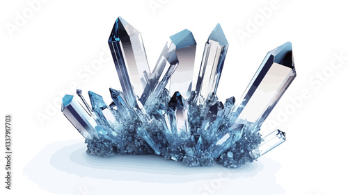 A digital rendering depicts a cluster of numerous crystalline structures.  The crystals are primarily transparent with a slight bluish tint, exhibiting sharp points and multifaceted surfaces. They