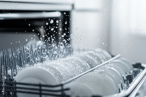 Dishes being rinsed in a dishwasher. Water splashes