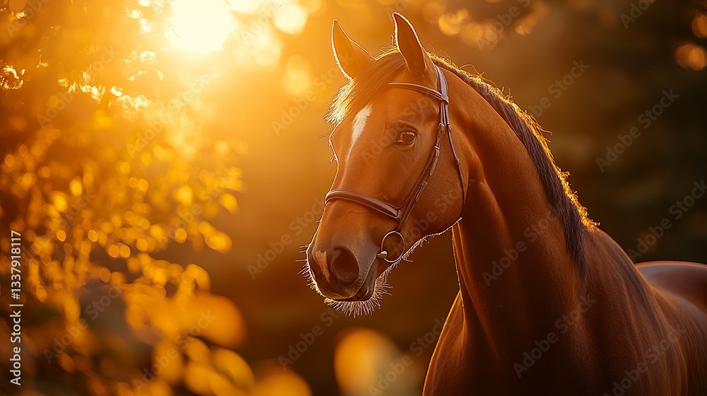 Obraz premium A beautifully lit portrait of an old showjumping Trakehner, the golden hues of the setting summer sun highlighting its strong, elegant features