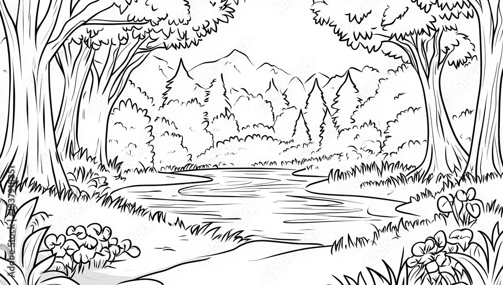 Fototapeta premium Serene Black And White Landscape Drawing Of A Calm River And Lush Mountains