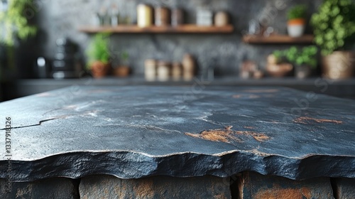 Dark stone countertop with rustic wooden base, blurred kitchen background.