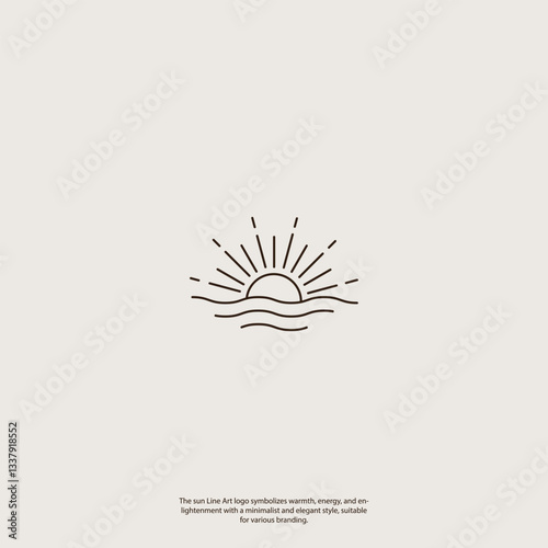 Minimalist Sun Line Art Logo with Waves - Elegant logo vintage Vector illustration Design