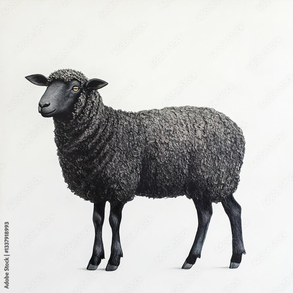 custom made wallpaper toronto digitalA black sheep standing confidently, textured wool detailed, strong lighting, side profile, white backdrop.  