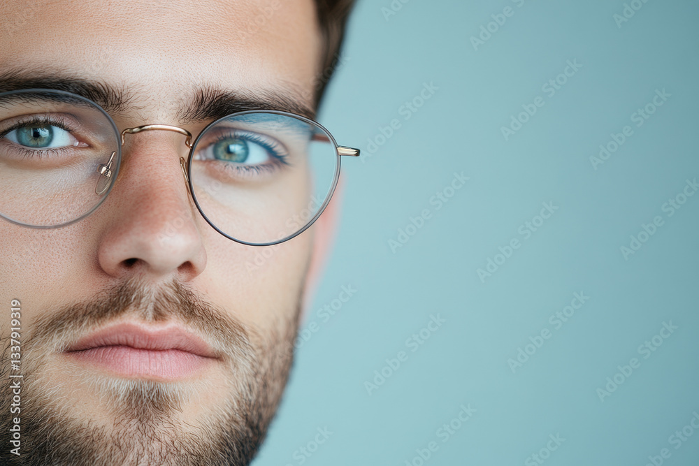 Close Up Portrait of Bearded Man with Glasses Against Blue Background Close Up Portrait of Bearded Man with Glasses Against Blue Background