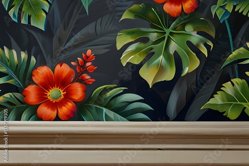Foliage and tropical flowers in a lush rainforest setting, highlighting the beauty of nature.
