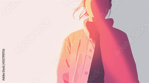 Digital illustration of a woman, depicted from the chest up.  The style is minimalist and graphic, utilizing a limited color palette of warm pinks, oranges, and yellows.  The figure is partially