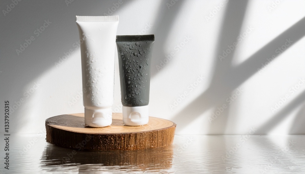 Naklejka premium two cosmetic tubes placed on a wood stand with light reflection 