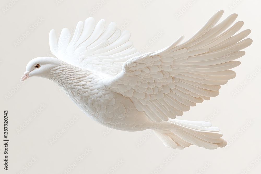 Obraz premium A graceful white dove, wings spread wide, soars against a pristine white backdrop, illuminated by gentle natural light that highlights its delicate feathers and serene expression