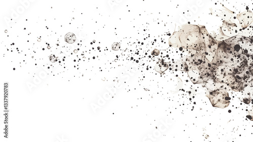 High-resolution close-up image showing an abstract arrangement of dark brown and black particles scattered on a pure white background. The particles vary in size and density, creating a textured,