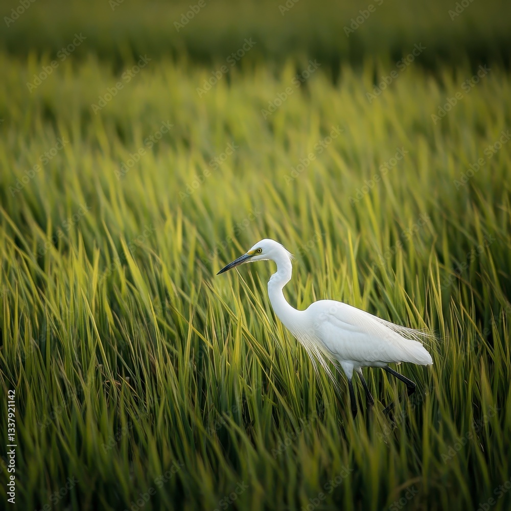 Obraz premium White Egret in Vibrant Green Rice Paddy Field