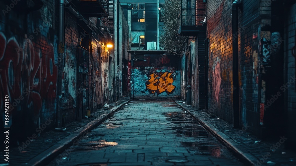 Fototapeta premium Urban alleyway at night, graffiti, dark, wet pavement
