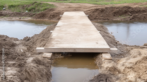 Concrete Bridge Over Water: A minimalist concrete bridge gracefully spans a waterway, showcasing straightforward design and functionality in the daytime. photo