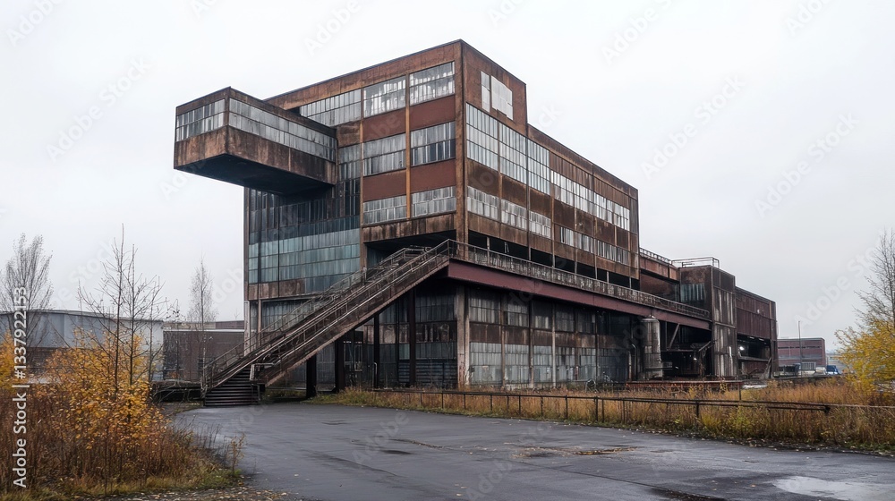 Derelict industrial building, overcast day, rusty metal, geometric design, empty road.