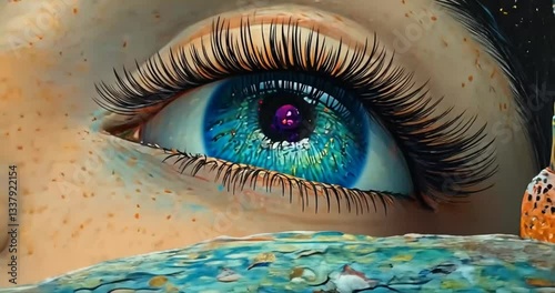 Close-up of a woman's eye gazing at fantastical underwater city.  Possible use stock photo for fantasy art, dreams, surrealism