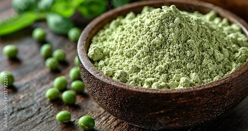 Green pea powder in wooden bowl on rustic table. Culinary ingredient