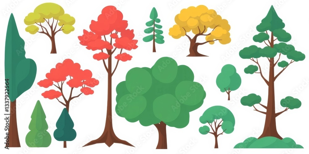 Fototapeta premium Simple flat style vector illustrations of various trees, isolated on white, white background, symbol