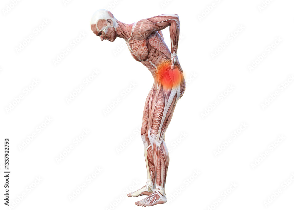 腰痛で腰を押さえて屈む筋肉解剖図の男性と痛みのイメージ 全身横向き