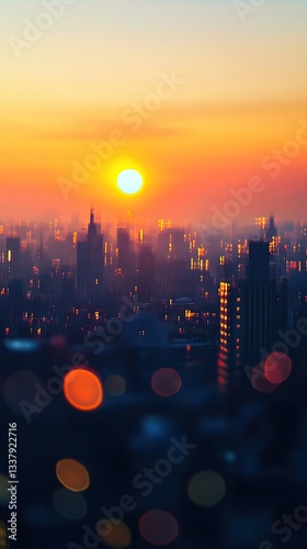 Summer Golden Hour Sky at Sunset with City Rooftop View, Warm Urban Heatwave Bokeh