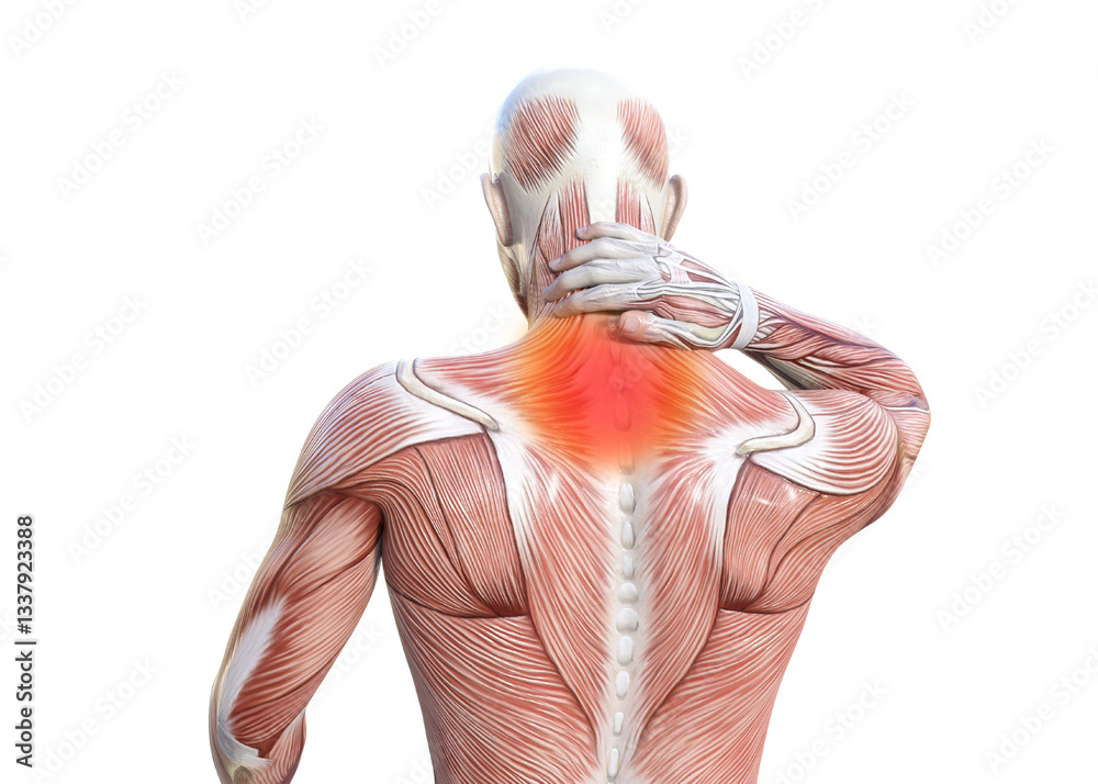 首こりで首を押さえて痛みをほぐす男性と痛みのイメージ 上半身後ろ姿