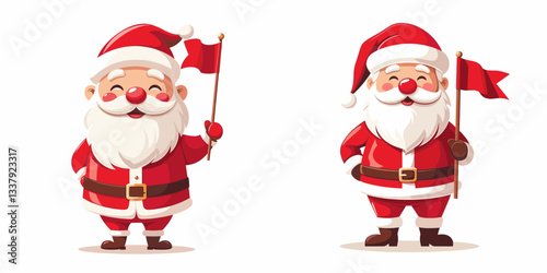 Cheerful Santa Claus characters holding flags vector wave merrily,spreading yuletide glee through every town and village.