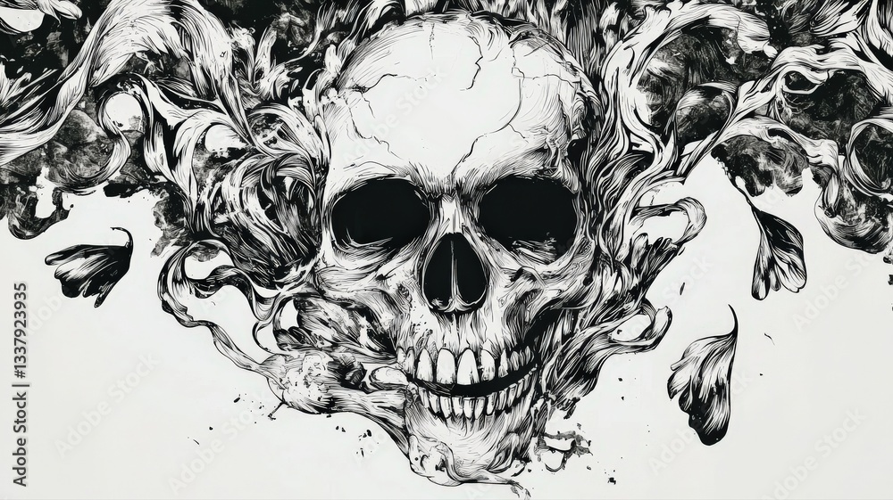 Fototapeta premium Black-and-white ink illustration of a skull encircled by swirling marigold petals. Symbolic, dramatic artwork—perfect for tattoo design, Dia de los Muertos, gothic prints, or editorial use. 