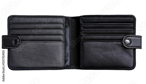 an open black leather wallet displaying its interior with card slots and compartments
